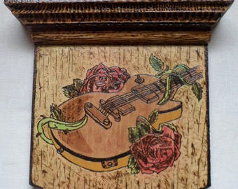 Wood Burned Painted Shelf Plaque Guitar