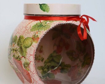 Strawberry storage jar, glass jar, decoupage jar, decorated jar, recycled jar, for girl, handmade
