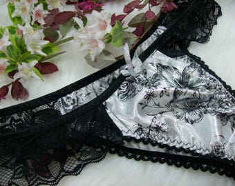 Satin Panties "Night Flowers" Lace Ruffle Panty in White, black and silver Satin lingerie Handmade Ruffle Panties Handmade Ready to Ship