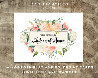 Will you be my MATRON of HONOR Card Proposal | Flat and Folded Card | Peach, Coral | Heather Collection | Printable PDF, Instant Download