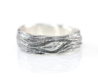 Tree Bark and Leaf Ring in Palladium Sterling Silver - size 11 3/4 - Ready to Ship