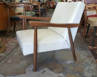 Mid Century Modern White Pleather Wooden Armchair
