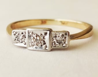 Vintage Engagement Ring, Art Deco Diamond Ring, 9k Gold Diamond Trilogy Ring Size US 5.5