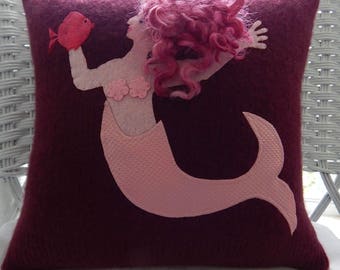 Recycled Maroon Cashmere Sweater Mermaid Pillow with Fish