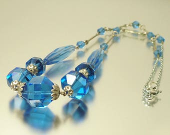 Vintage/ antique/ estate Art Deco 1930s silver tone and blue crystal glass costume necklace - jewellery / jewelry - Downton Abbey