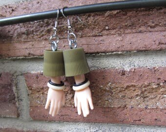 Two Bangle - Upcycled Barbie Doll Hand earrings - gold caps