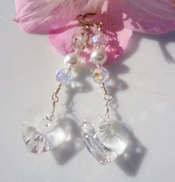 Valentine Swarovski Crystal Heart Earrings Clear w Pearls