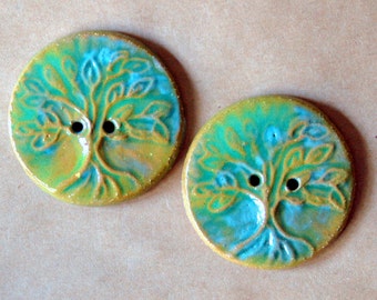 2 Handmade Ceramic Buttons in Rustic Green - Extra Large Tree of Life Buttons - Focal buttons for Handmade Knits - Handmade Ceramic Buttons