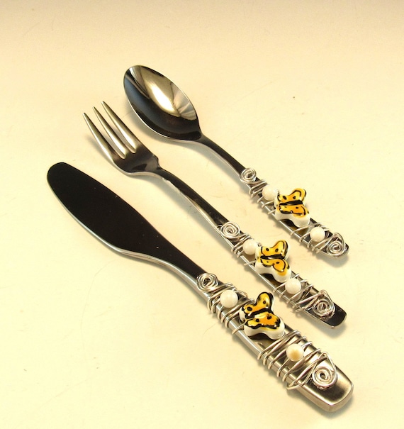 Appetizer Fork Spoon and Knife/Set of 3 Beaded Knife Fork