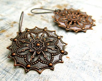 Copper earrings / boho earrings / gypsy earrings Copper Jewelry / round filigree earrings 7th anniversary