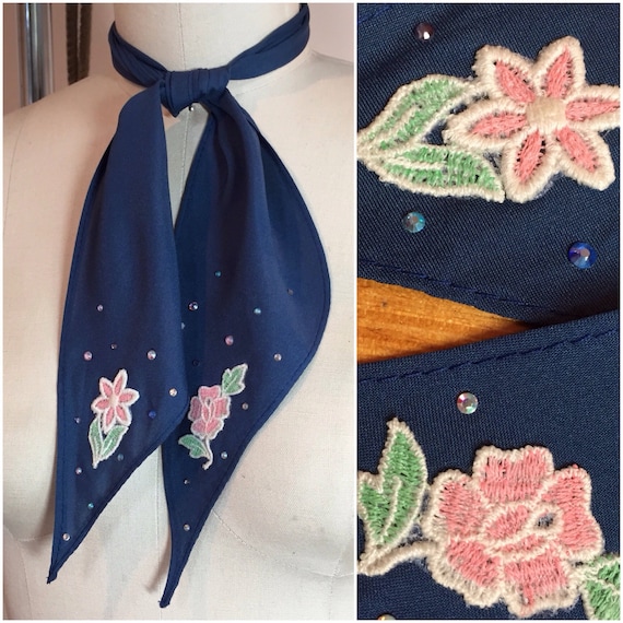 Navy Blue Western Tie Scarf with Vintage Appliques and