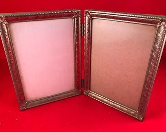 Vintage Goldtone Ornate Metal 5 x 7 Bifold Hinged Picture Frames