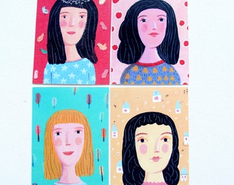 4 postcards, woman, flowers, home decor, wall decor, art, illustration