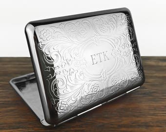 Personalised Cigarette Case With Engraved Initials. Business Card Holder. Scrolly Ornate Pattern.
