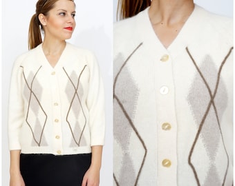 Preppy NWT Vintage 1960s Cream Wool Cardigan Sweater with Argyle Pattern by Colebrook | Medium/Large