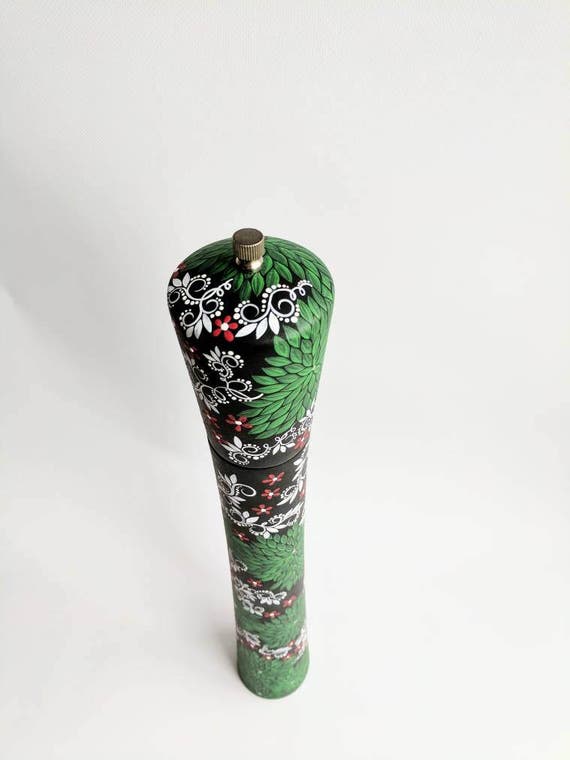 Pepper Mill: hand painted tall wooden pepper mill very tall woodland pepper mill leaves and flowers