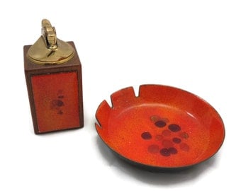 Orange Enamel Ashtray and Lighter Set - Mid Century Tobacciana, Bovano