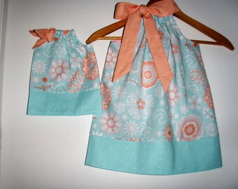 Doll and me SALE 10% off code is tiljan dresses aqua coral floral Pillowcase dress size 12 months , 2t, 3t, 4t, 5t. 6.7.8.9,10.12,14