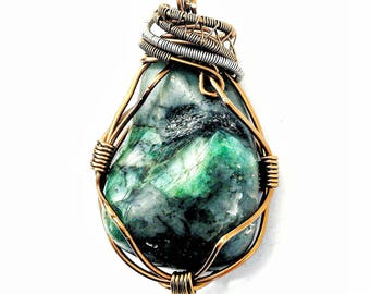 Raw Emerald Necklace - Wire Wrapped Crystal - May Birthstone Necklace - Mens Crystal Necklace -Wire Wrapped Pendant -Healing - MADE TO ORDER