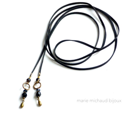 Black choker,Black leather choker,Long string choker,Long black choker,Boho choker,Boho jewelry,Hippie chic,Long black necklace,Hippie chic
