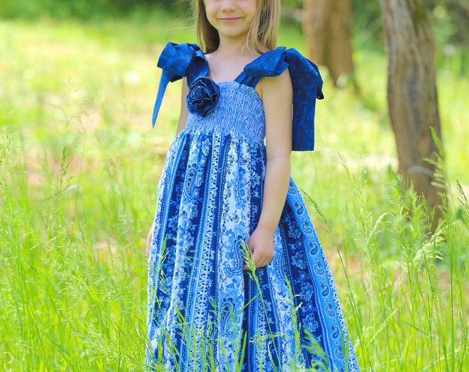 Handmade Little Girls Maxi Boho Dress - Summer Cotton Clothes - Baby - Toddler - Party Dresses - 4th of July - Blue - 12 mo to 8 yrs