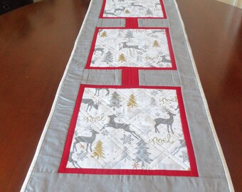 Christmas Table Runner,Elegant Reindeer Quilted Table Runner,Red Gray,Silver,Gold,Christmas Table Decor,Winter Table Topper,Quiltsy Handmade