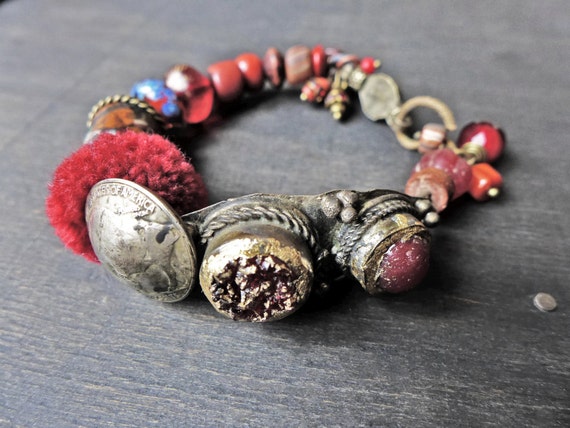 Red tribal artisan bracelet, handmade mixed media art jewelry by fancifuldevices- "The Cup that Holds your Wine"