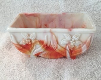 Vintage Akro Agate Slag Glass Dish/Planter Orange & White
