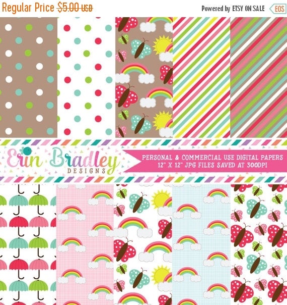 50% OFF SALE Digital Scrapbook Paper Rainbows and Butterflies Personal & Commercial Use Instant Download Il_570xn