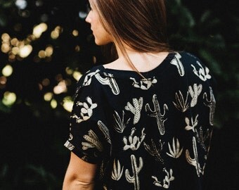 Golden Cactus Cropped T-Shirt, cactus printed crop top, made in the USA by Simka Sol
