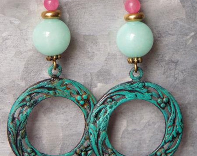 Gemstone Earrings Pink & Aqua Drop Dangle Earrings Patina Verdigris Semi Precious Stone Earrings Boho Bohemian Charm Jewelry Gift Vintaj