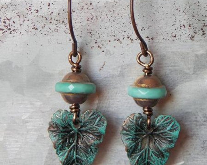 Leaf Earrings Brass Patina Leaf Dangle Earrings Vintaj Brass Czech Glass Turquoise Dangle Bohemian Boho Petite Woodland Jewelry Earrings