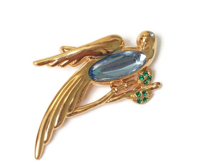 Dove Brooch Blue Glass Cab Tummy Monet Rhinestones Vintage