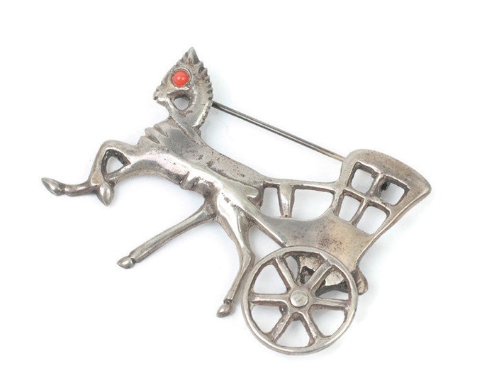 Horse and Buggy Brooch Movable Wheel Mexican Silver Vintage