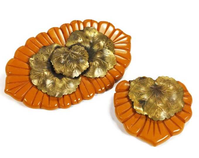 Pumpkin Bakelite Brooch and Dress Clip Brass Floral Overlay Vintage