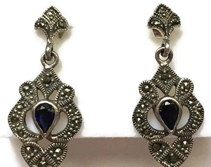 Sterling Marcasite and Blue Stone Dangle Earrings Posts Vintage Signed CW