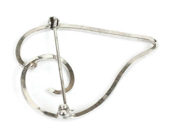 Sterling Modernist Heart Brooch Pin Sleek Simple Vintage