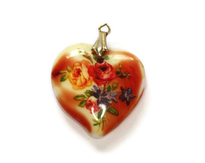 Red Floral Heart Pendant Necklace Vintage Porcelain Transfer Heart 18 Inch Chain