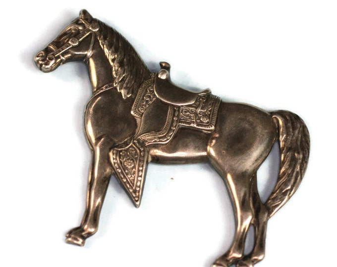 Sterling Western Horse with Saddle Brooch Detailed Repousse Pin Vintage