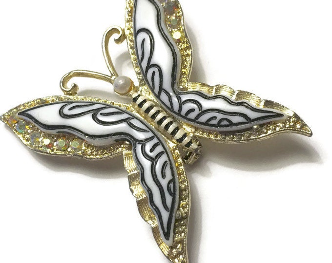 Layered Butterfly Brooch AB Rhinestones Lucite Simulated Pearl Vintage