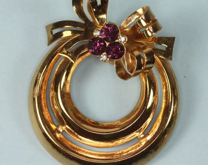 Coro Purple Rhinestone Pendant with Bow Gold Tone Necklace 1948 Vintage