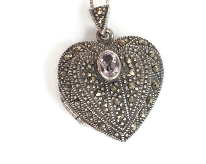 Marcasite Amethyst Sterling Heart Locket Necklace 18 Inch Chain Vintage