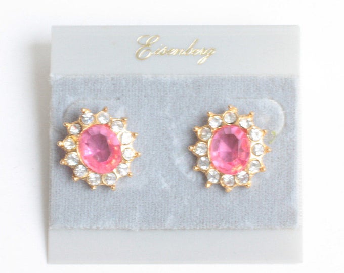 CIJ Sale Faceted Pink and Clear Rhinestone Earrings Pierced Eisenberg Original Card