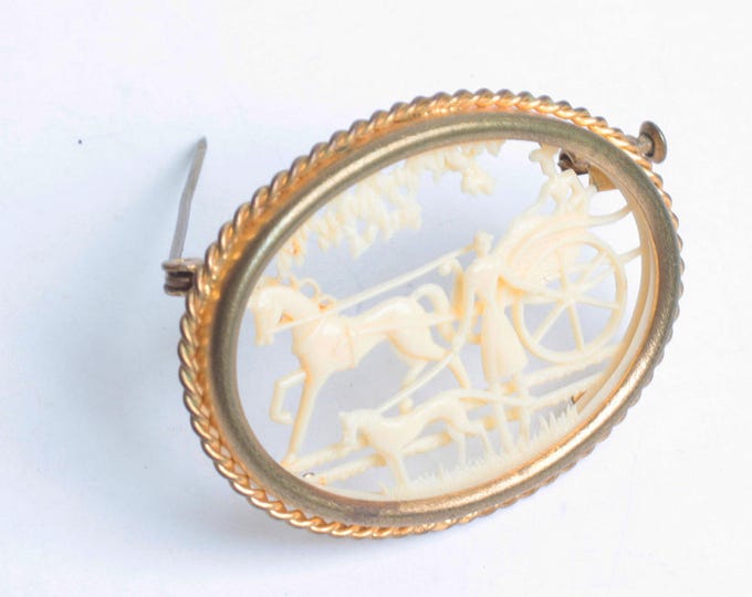 Carved Celluloid Oval Brooch Silhouette Horse and Buggy Woman with Dog Vintage