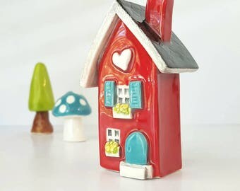 Red House with Turquoise Blue Door | Little Clay House | Miniature House | Whimsical Clay house | Fairy House | Little Red Clay Cottage