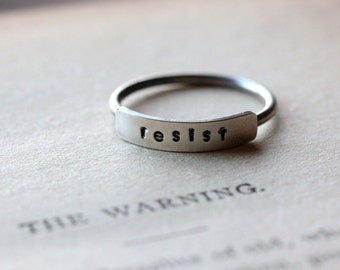 RESIST Ring Sterling Silver Thin Band #resist Stacking Ring Resistance Political ACLU Skinny Ring Hand Stamped