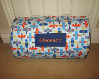 MONOGRAMMED Childrens Pre School THICK COMFY Nap Mat Airplanes Organic Cotton w/Attached Dotted Minky Blanket Attached Pillow