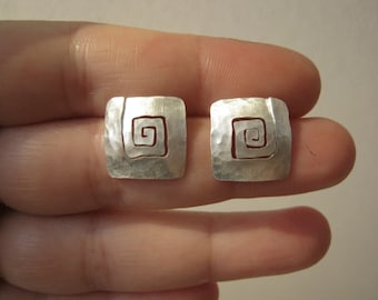 Organic Square Hammered Stud earrings in Sterling silver - Ready to ship - Medium size
