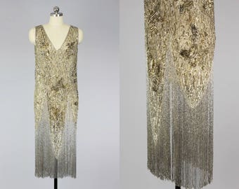 Rare 1920s French Couture Gold Beaded Sequin Fringe Flapper Dress