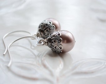 Dark Dusty Rose Pearl Dangle Earrings in Antique Silver, Drop Pearl Earrings, Vintage Style Pearl Earrings, Unique Earrings Gift For Her